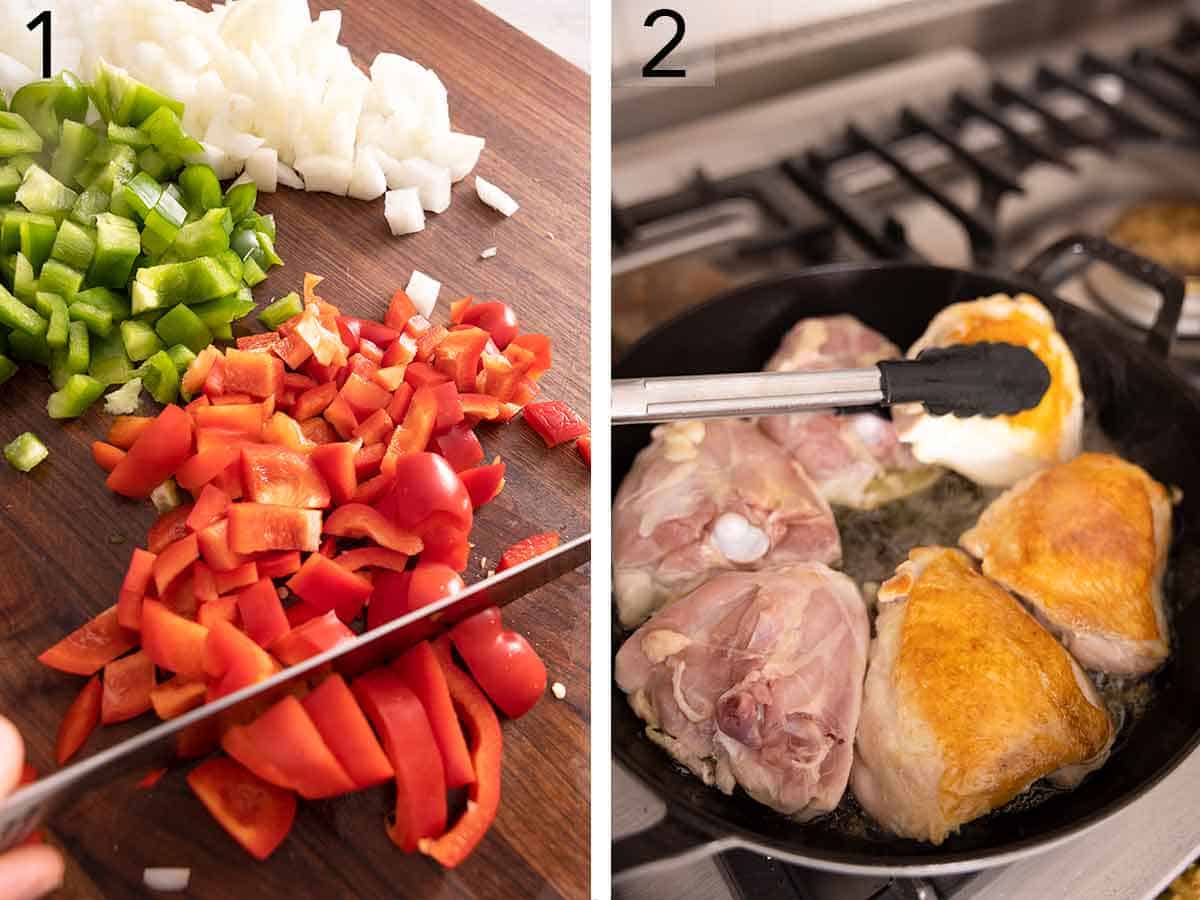 Set of two photos showing vegetables being diced and thighs being cooked in a pan.