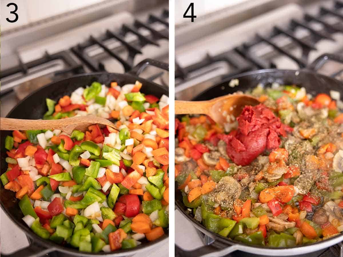 Set of two photos showing vegetables being sautéed and then tomato paste and seasonings added on top.