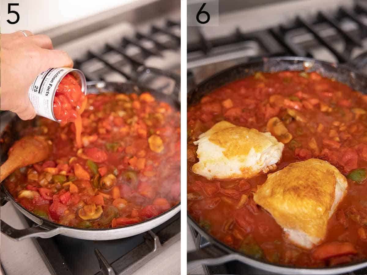 Set of two photos showing diced tomatoes added to the pan and then chicken thighs nestled on top of the sauce.