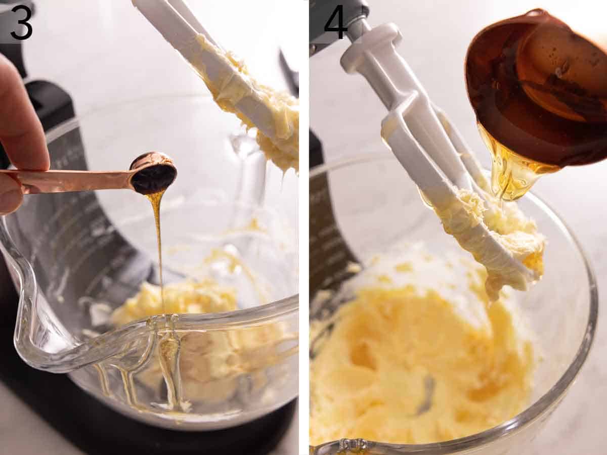 Set of two photos showing vanilla extract added to the butter mixture and a tablespoon of honey added.