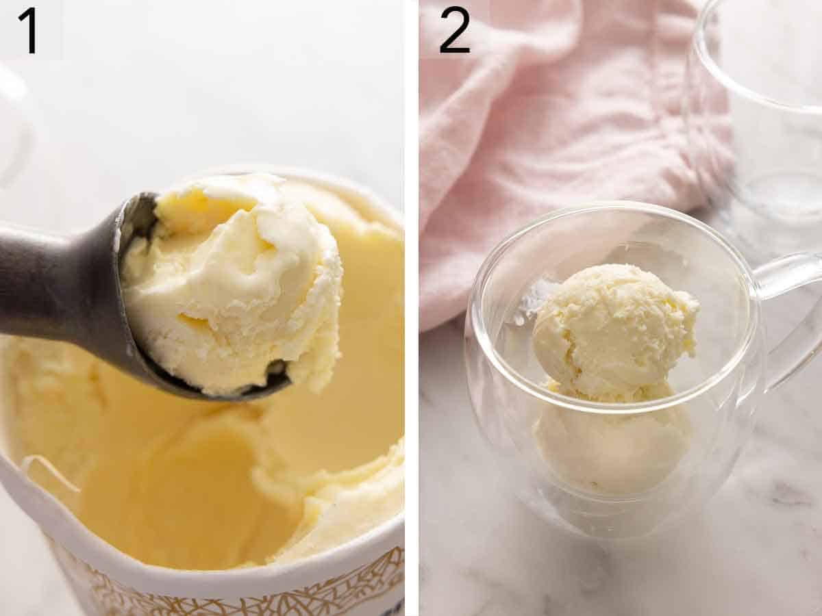 Set of two photos showing ice cream being scooped and placed into a cup.
