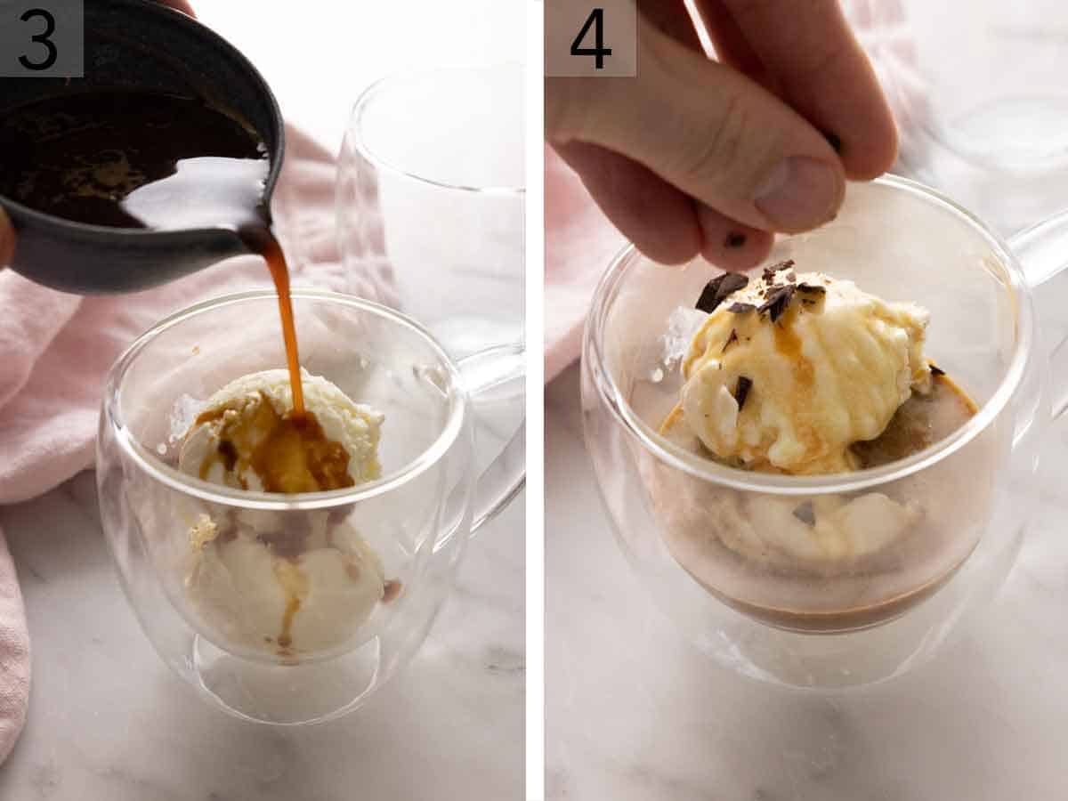 Set of two photos showing espresso poured over the ice cream and then chocolate shavings sprinkled on top.
