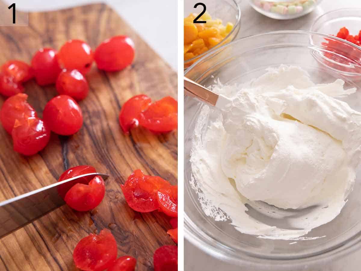 Set of two photos showing cherries cut in half and whipped topping mixed together.