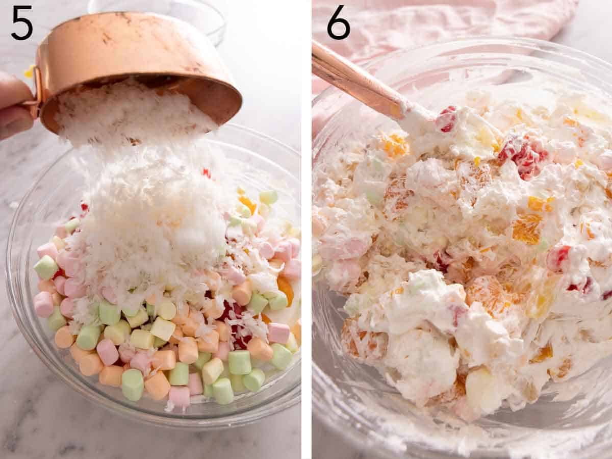 Set of two photos showing coconut flakes added to the bowl then everything mixed and combined.
