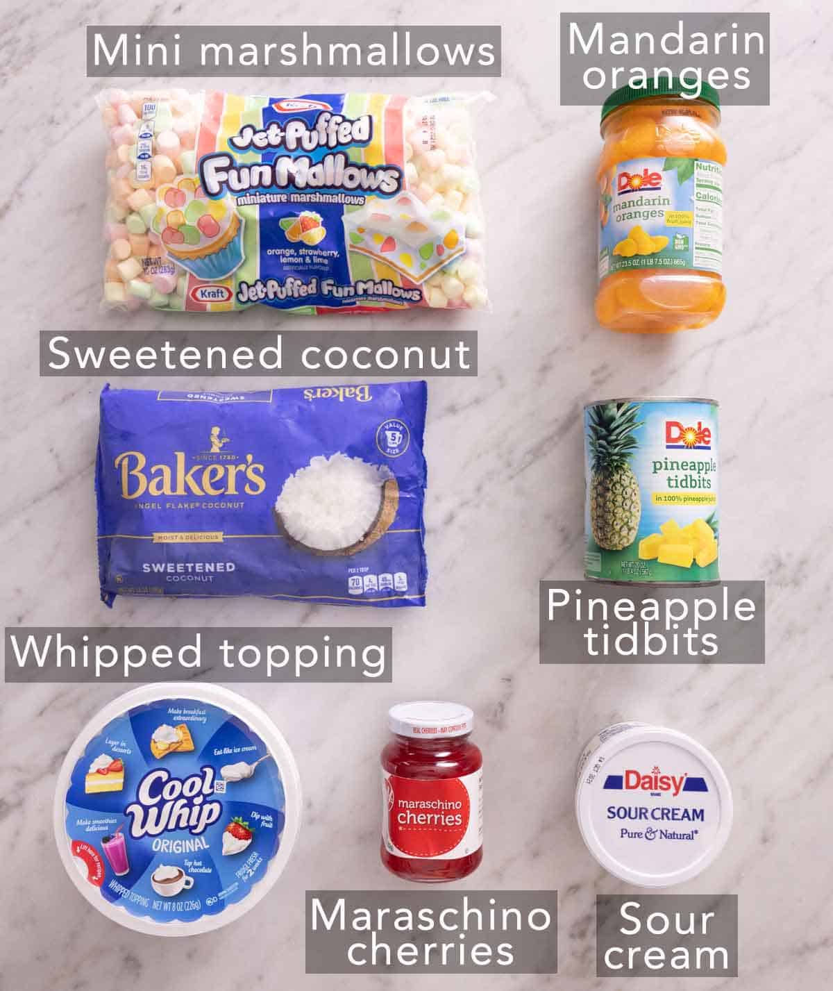 Ingredients needed to make ambrosia salad.