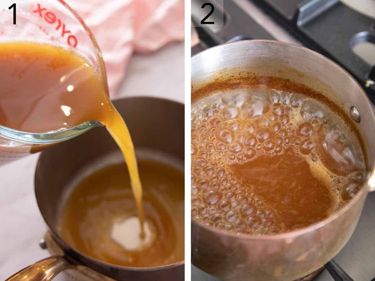 Set of two photos showing apple cider added to a saucepan and simmered.