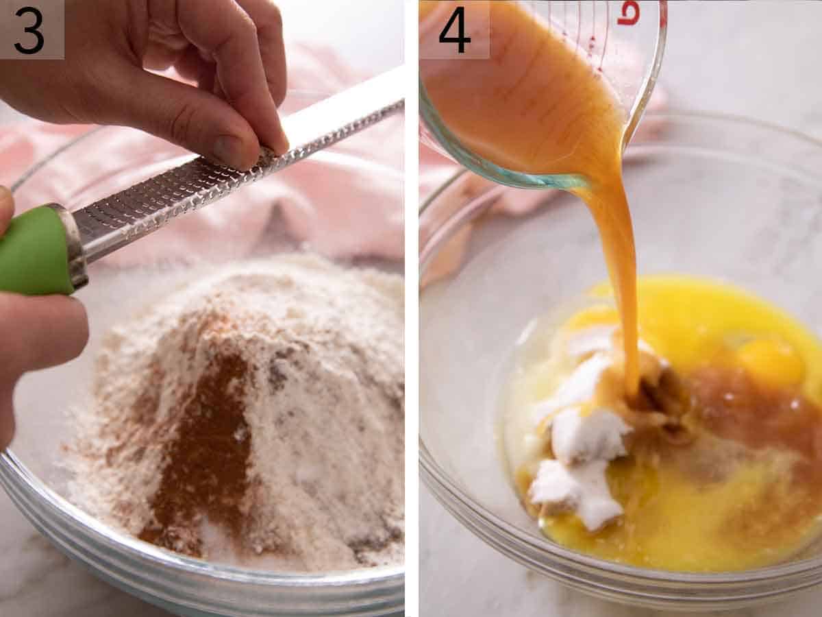 Set of two photos showing dry ingredients added to a bowl and wet ingredients to another.