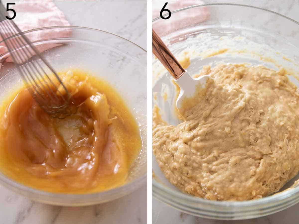 Set of two photos showing wet ingredients mixed and batter formed by combining the wet and dry ingredients.