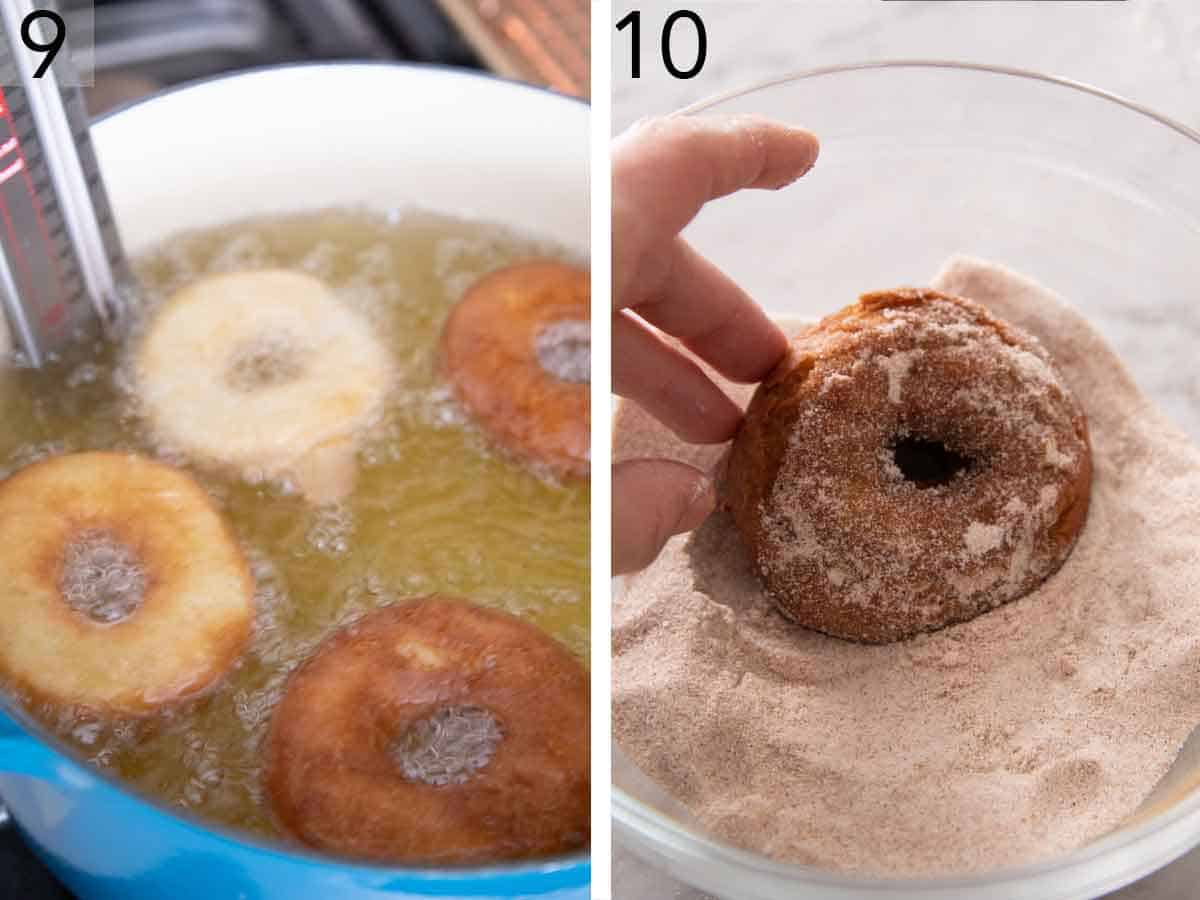 Set of two photos showing donuts fried in a pot of oil and coated in cinnamon sugar.