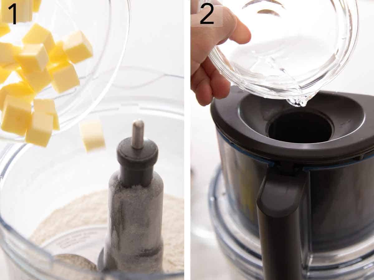 Set of two photos showing cubed butter added to a food processor with flour and then water added.