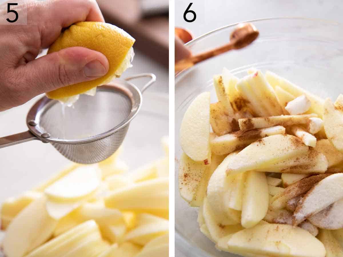 Set of two photos showing lemon squeezed onto apples and then cinnamon and sugar added.