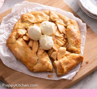 Pinterest graphic of an apple galette on a serving board with three scoops of ice cream on top.