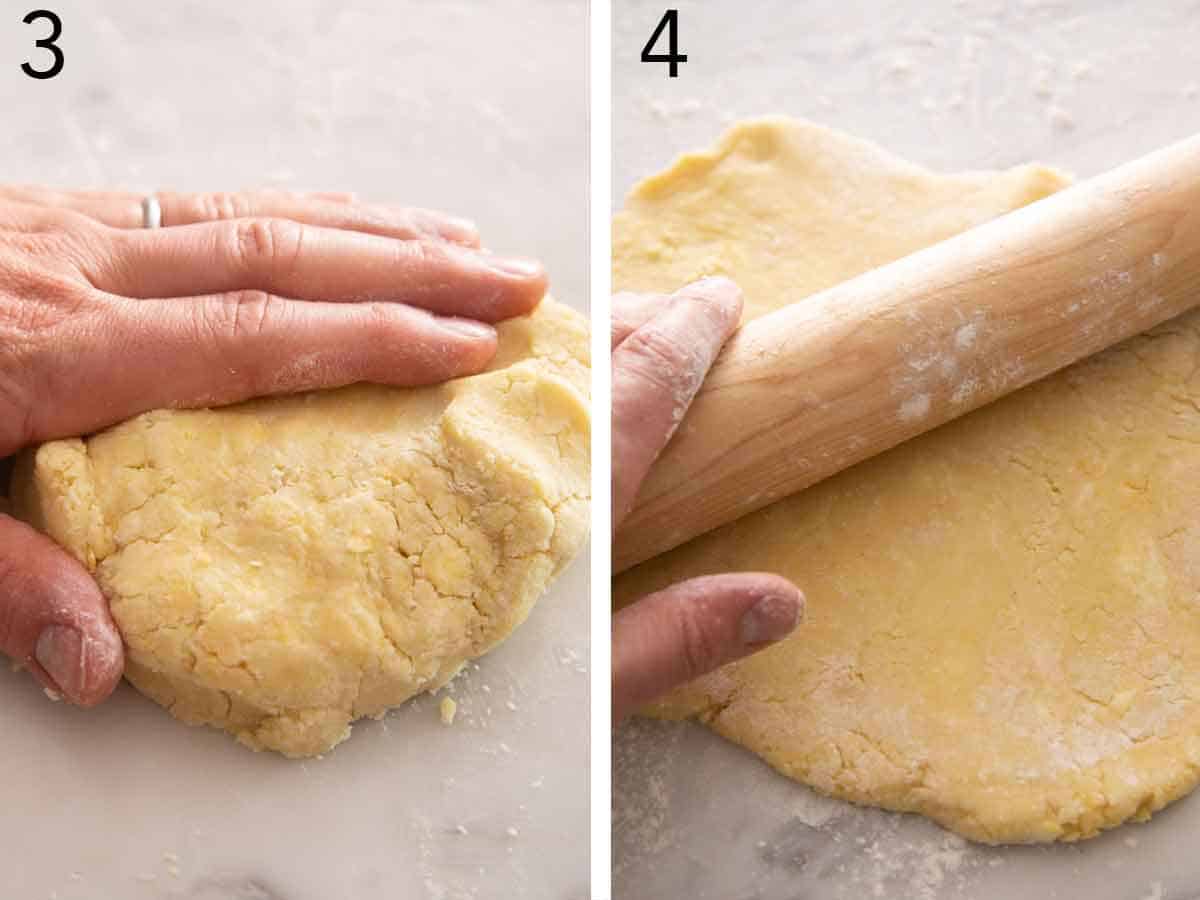 Set of two photos showing dough being kneaded and rolled out.