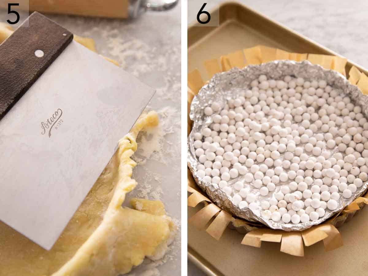 Set of two photos showing excess pastry dough cut off the top of a tart pan and then blind baked with pie weights.