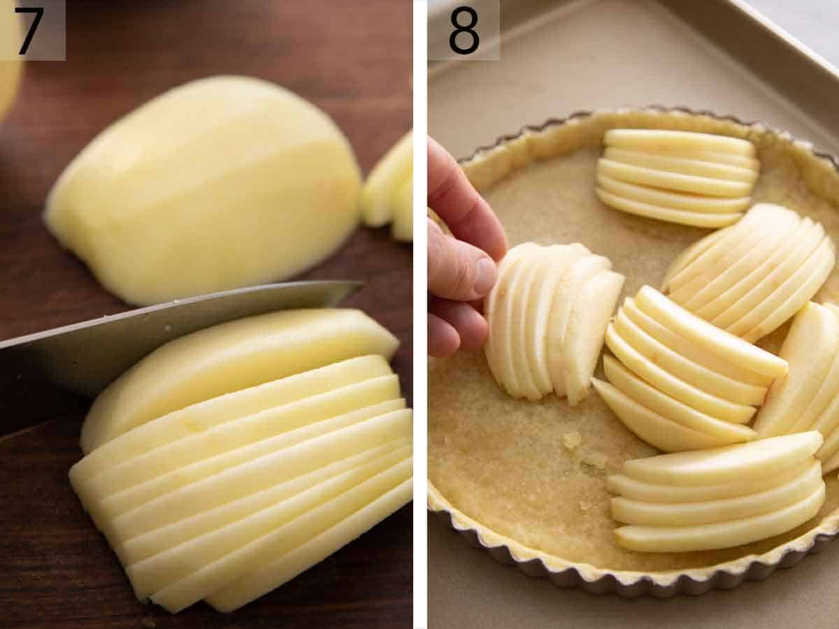 Set of two photos showing adds being sliced and added to the tart shell.