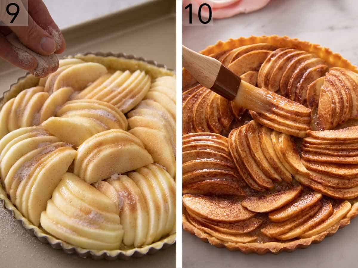 Set of two photos showing cinnamon sugar sprinkled on top of the apple slices before baking. Second photo showing apricot jam brushed on top of the baked tart.
