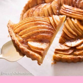 Pinterest graphic of a slice of apple tart lifted from the rest of the tart.