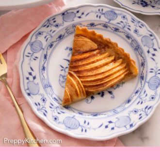 Pinterest graphic of an overhead view of a slice of apple tart in a plate.