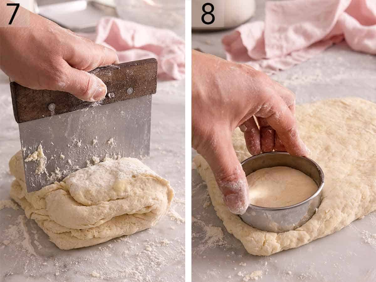 Set of two photos showing the dough cut with a bench scraper then cut with a round floured cookie cutter.