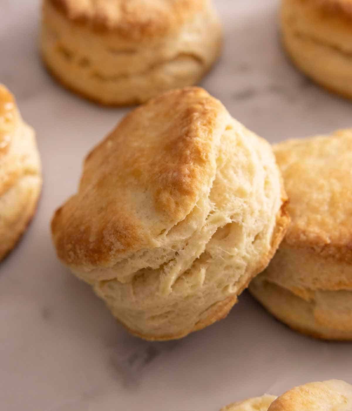 A biscuit propped up against another.