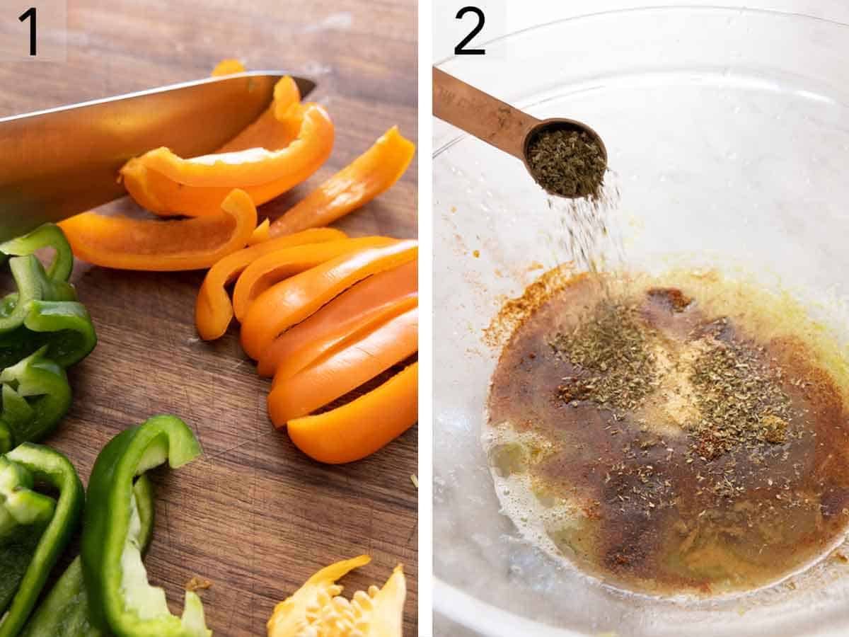 Set of two photos showing bell peppers sliced and seasoning mixed together.