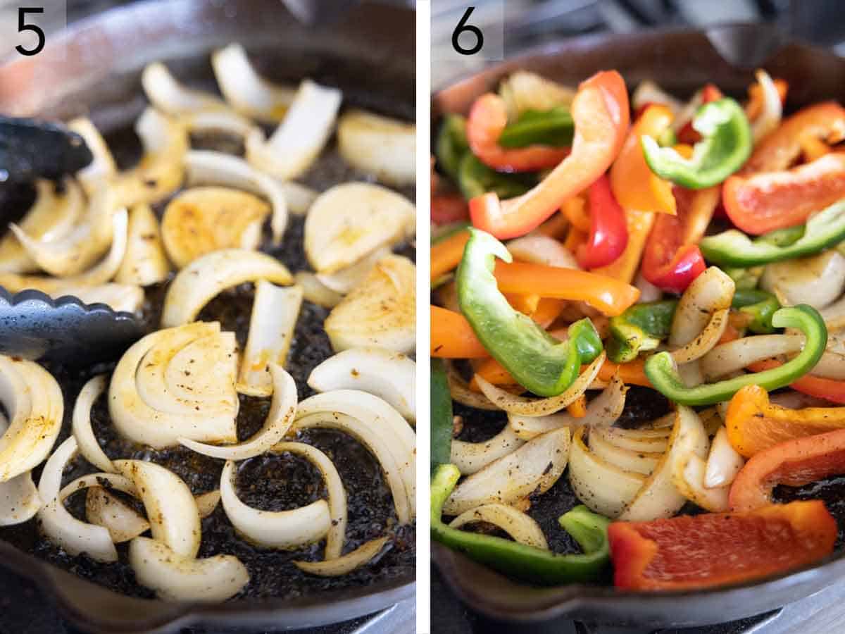 Set of two photos showing onions then bell peppers added to the skillet.