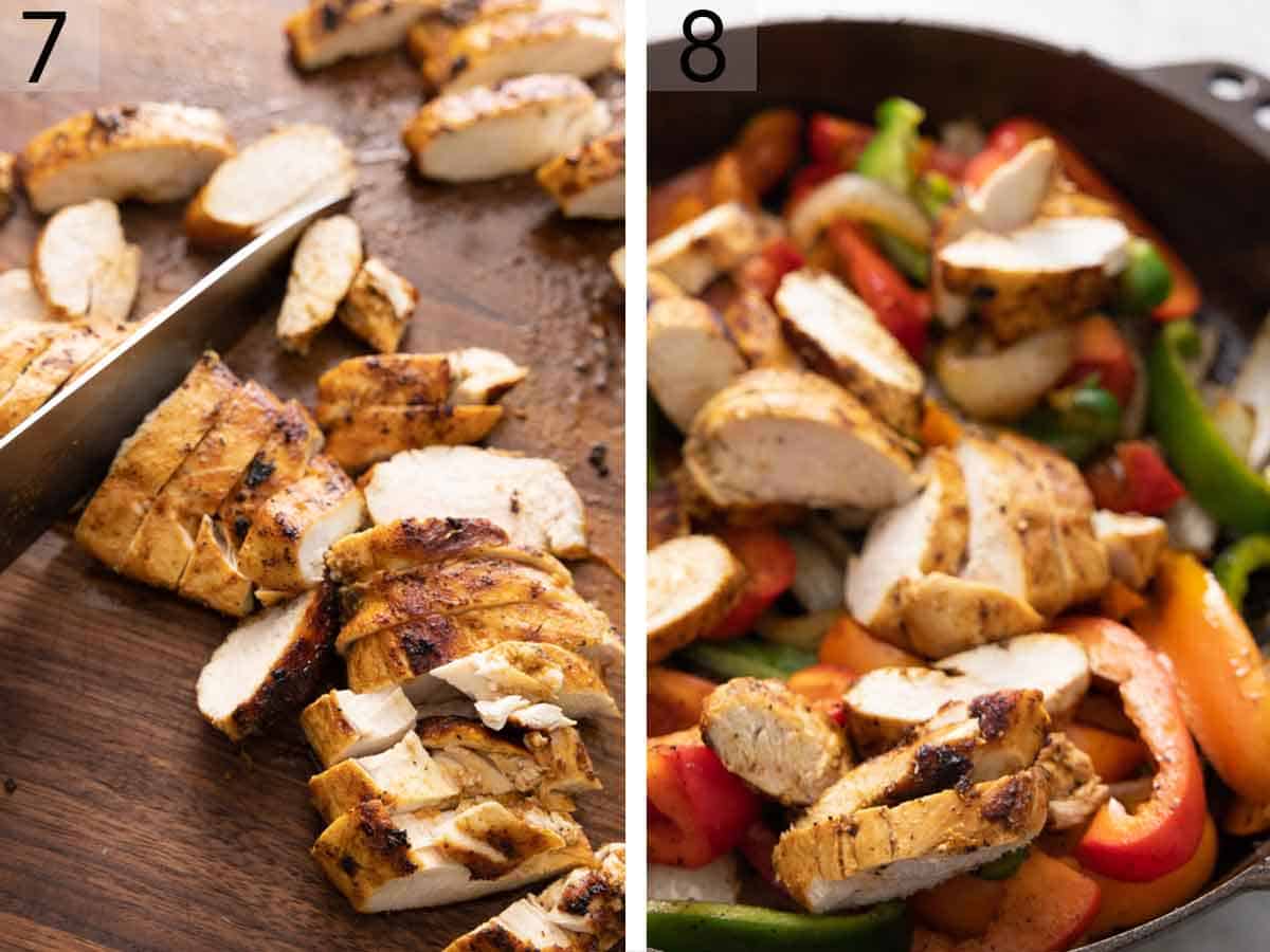 Set of two photos showing chicken sliced and added to the pan.
