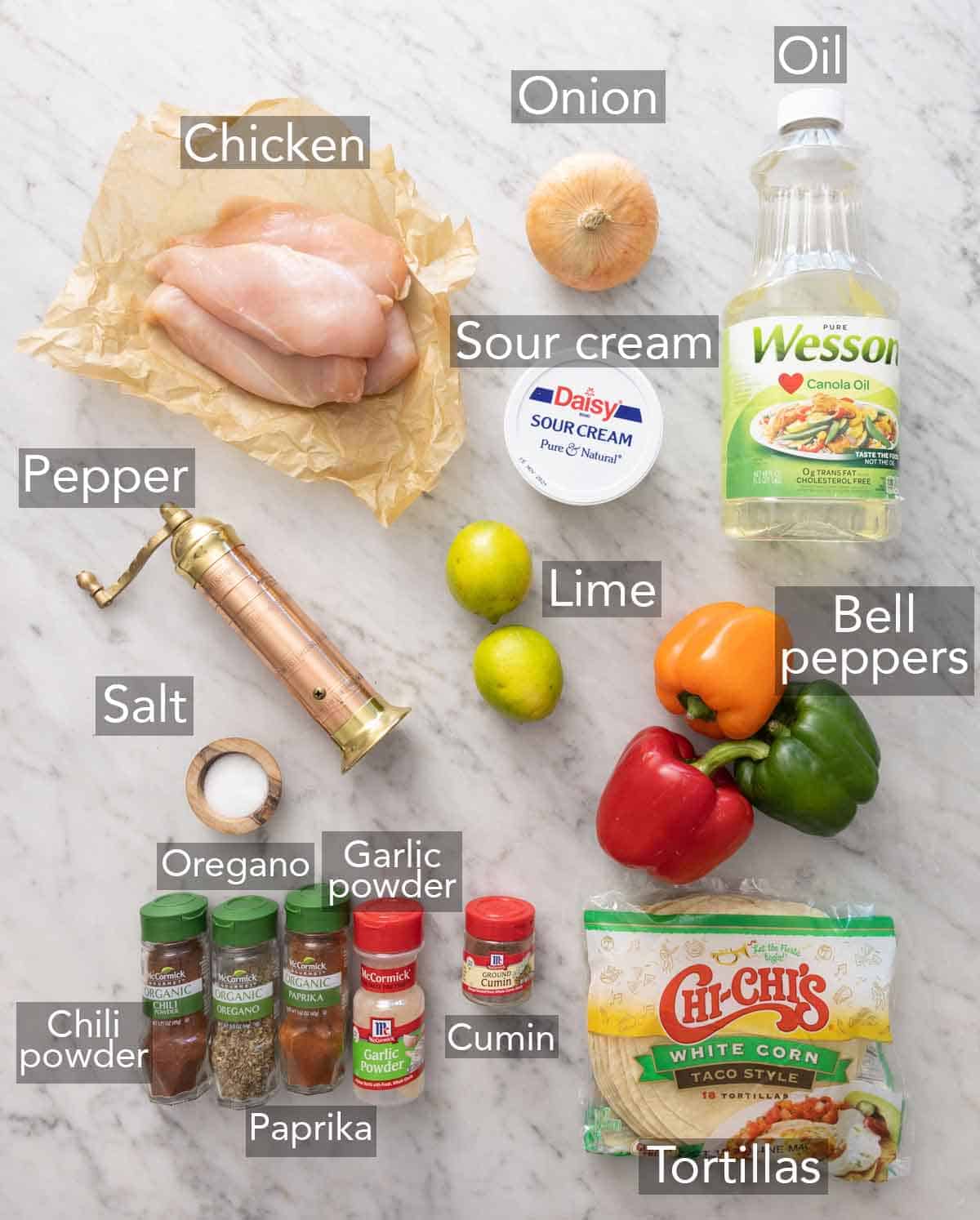 Ingredients needed to make chicken fajitas.