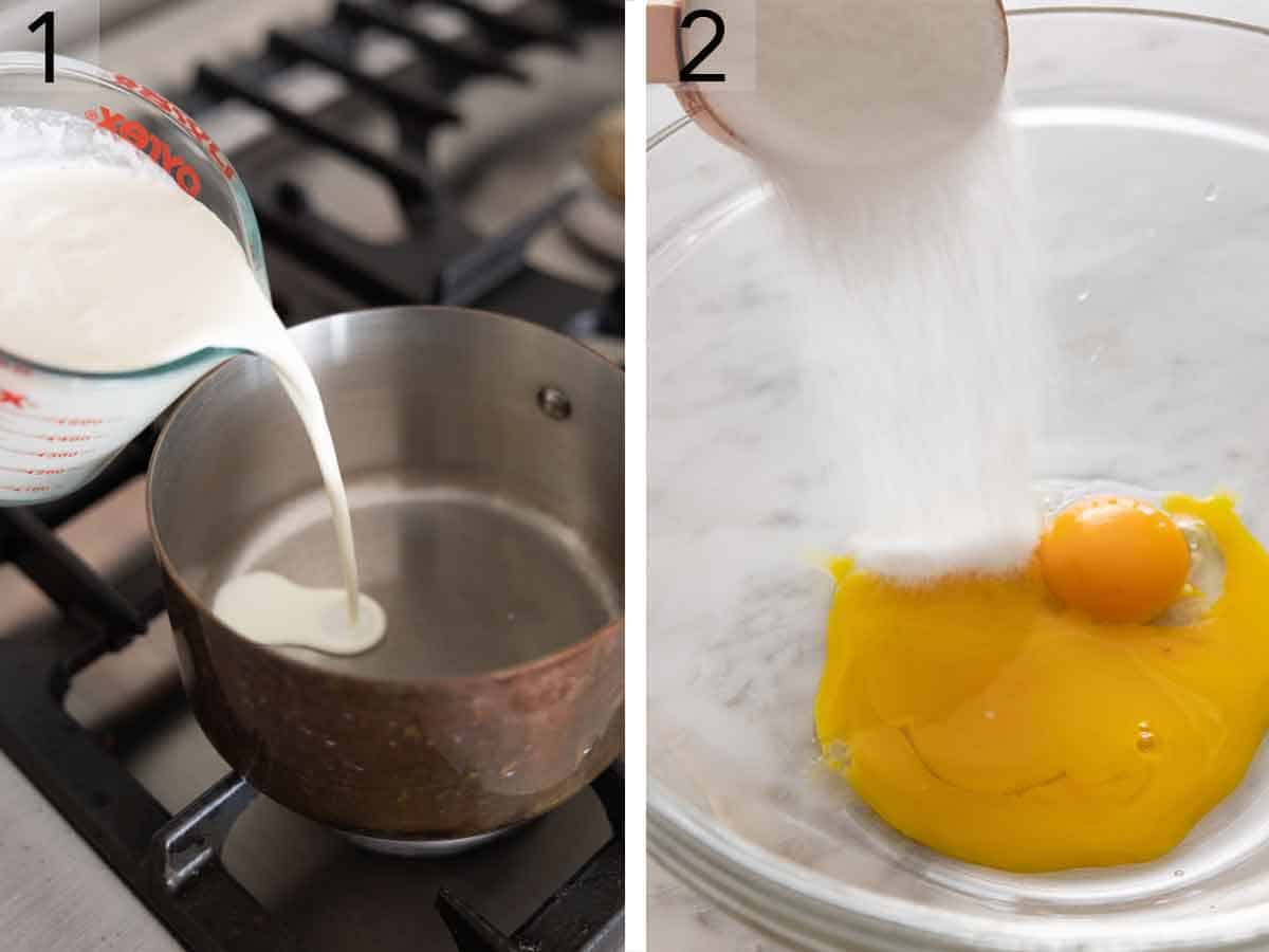 Set of two photos showing heavy cream added to a saucepan and sugar added to egg yolks.
