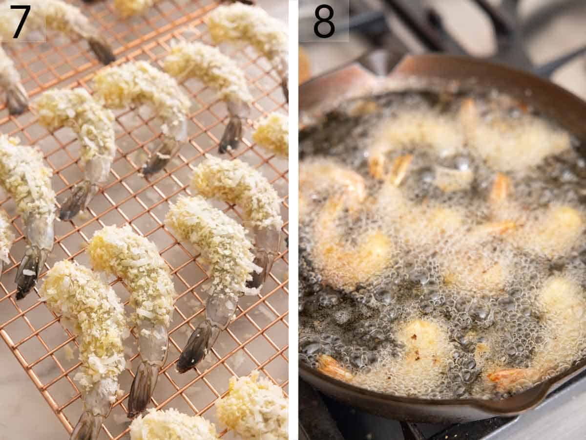 Set of two photos showing coated shrimps on a wire rack before added to hot oil.