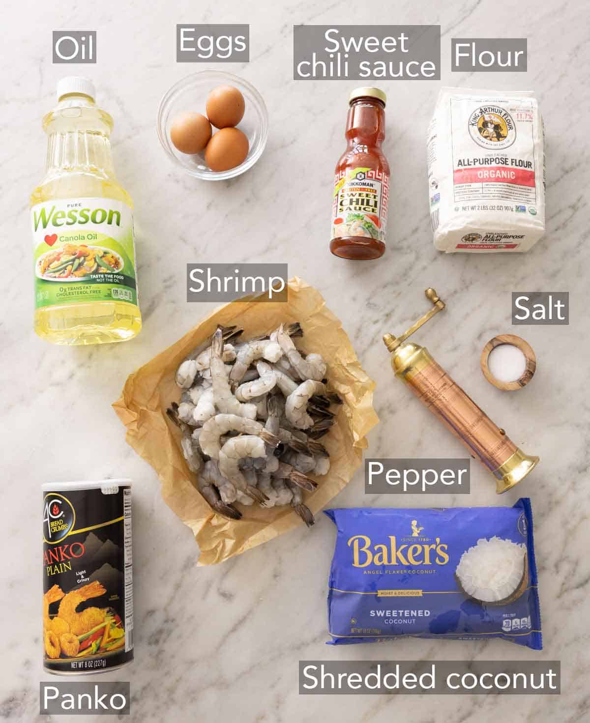 Ingredients needed to make coconut shrimp.