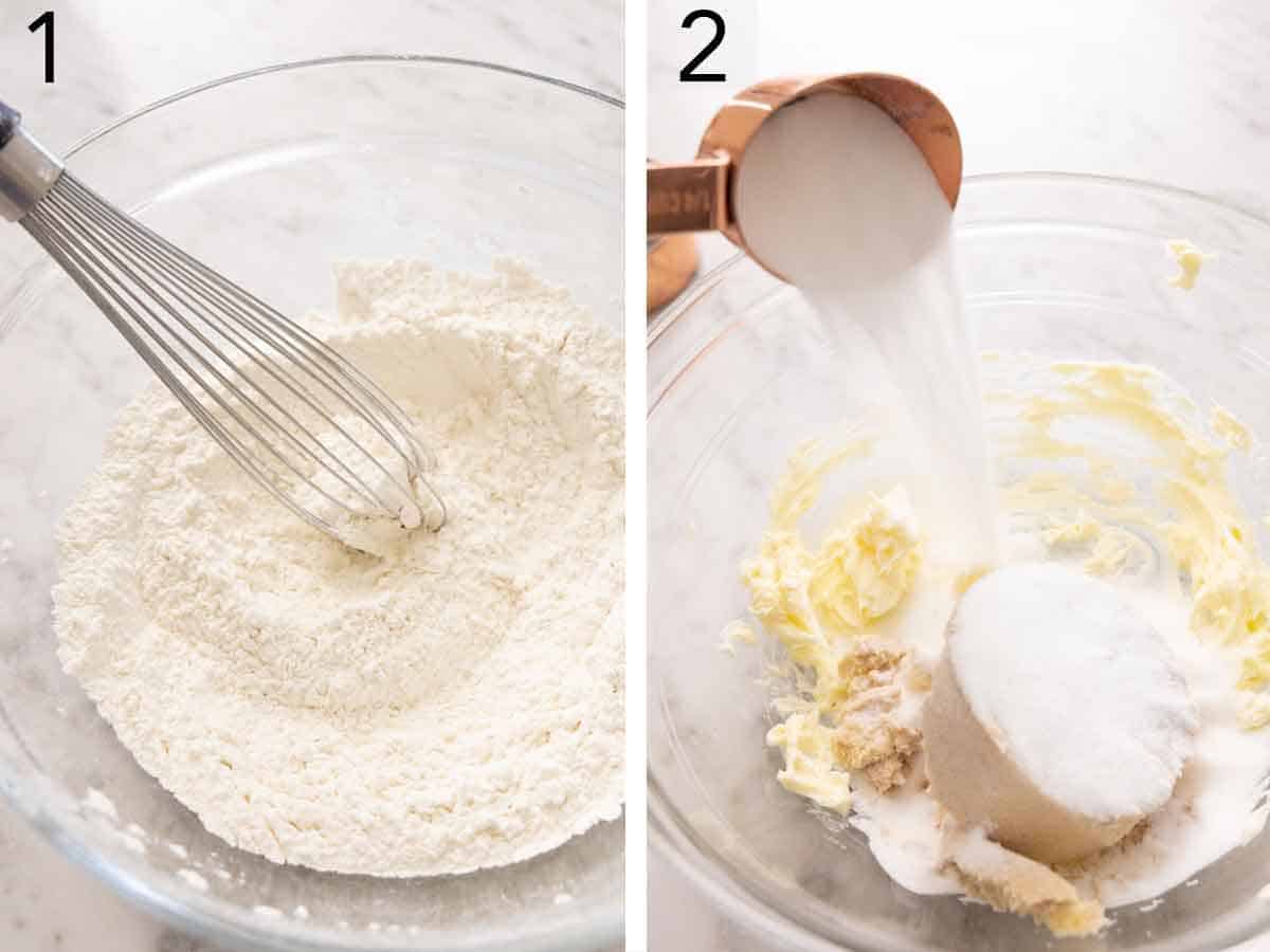 Set of two photos showing flour, baking soda, and salt whisked in a bowl and butter with sugars added in another bowl.