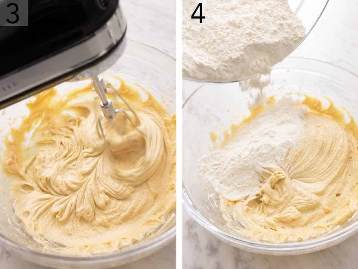 Set of two photos showing egg and vanilla beaten into the butter mixture then flour mixture added.