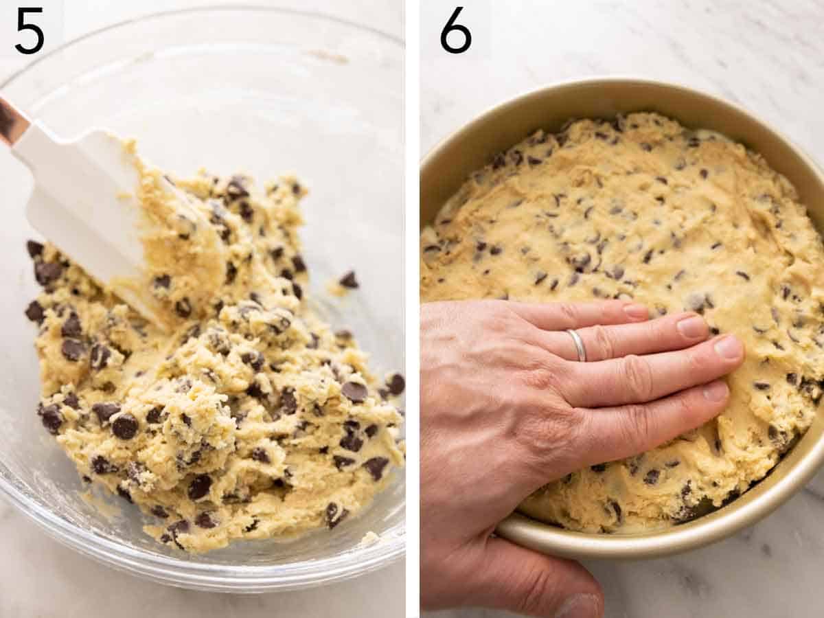 Set of two photos showing chocolate chips mixed into the batter and then pressed into a cake pan.