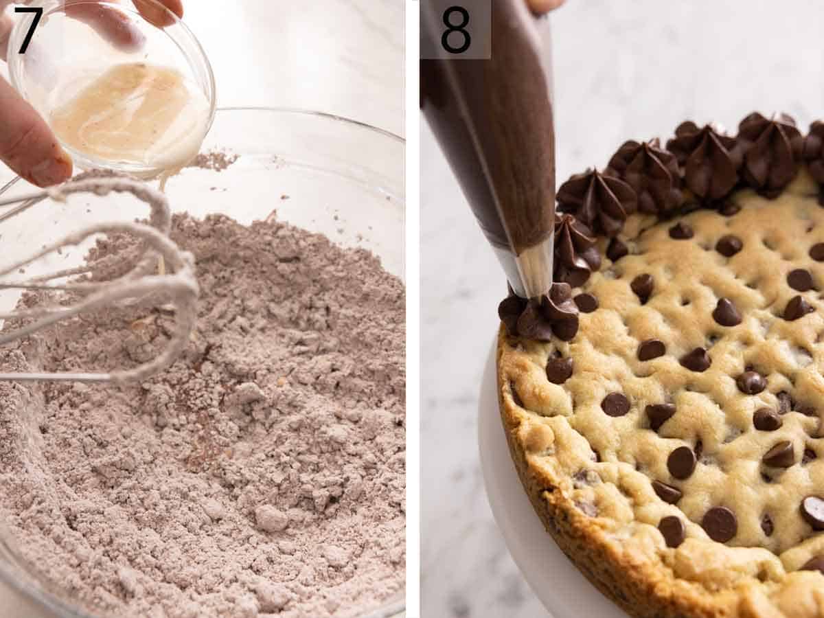 Set of two photos showing powdered sugar, cocoa powder, milk, and vanilla whisked together and then the chocolate frosting piped onto the cookie cake.