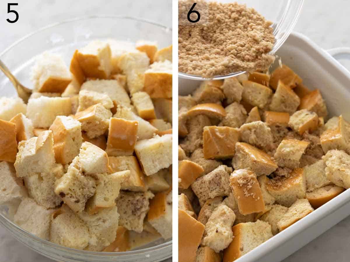 Set of two photos showing bread soaked in the wet mixture and the topping poured over top of the bread.