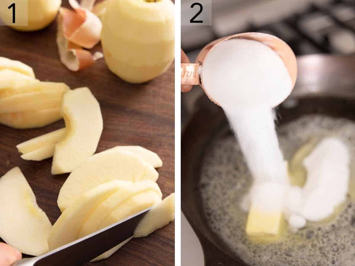 Set of two photos showing apples peeled and sliced and then sugar added to a pan of butter.