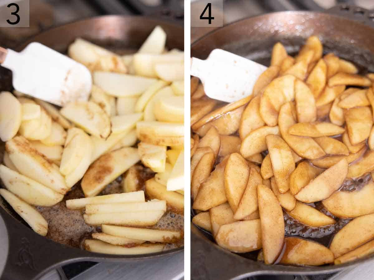 Set of two photos showing a spatula mixing the ingredients together in the pan until golden brown.