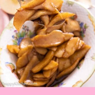 Pinterest graphic of a spoonful of fried apples lifted from a bowl.