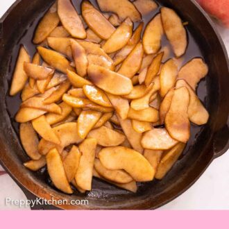 Pinterest graphic of a cast iron skillet with fried apples.