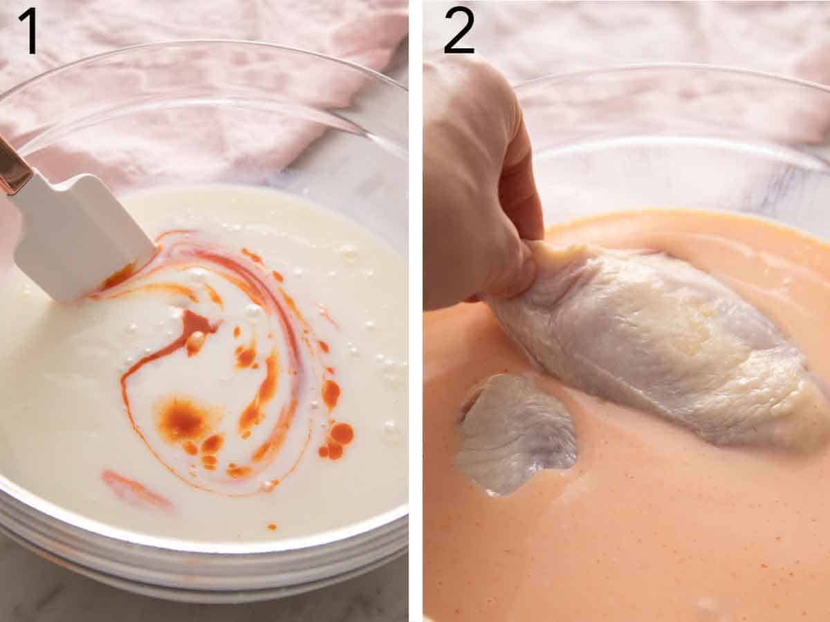 Set of two photos showing the buttermilk mixed with hot sauce then meat added to it.