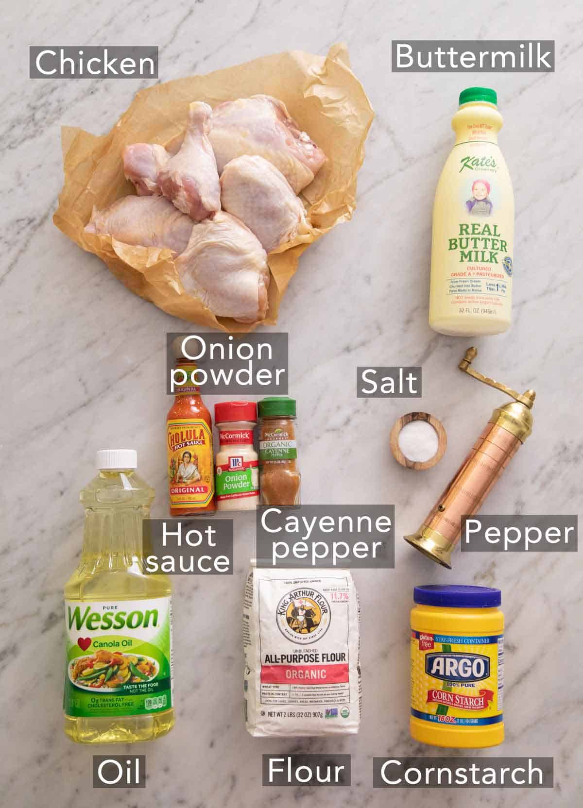 Ingredients needed to make fried chicken.