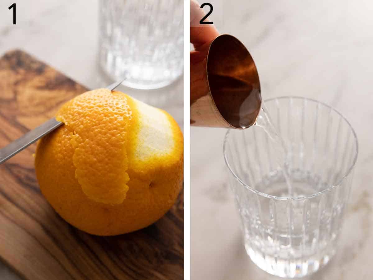 Set of two photos of a knife slicing an orange peel and then gin added to a glass.