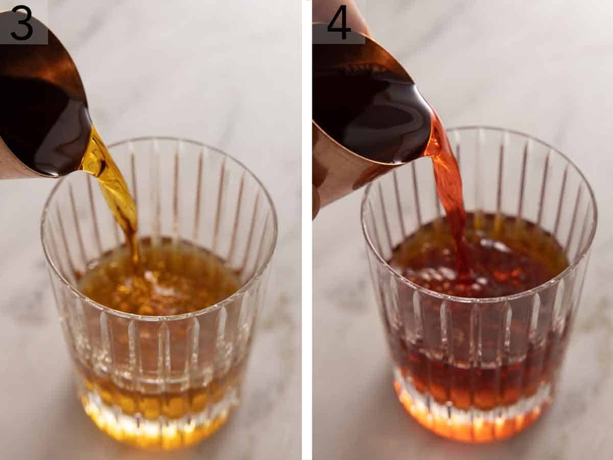 Set of two photos showing vermouth and Campari added to the glass.