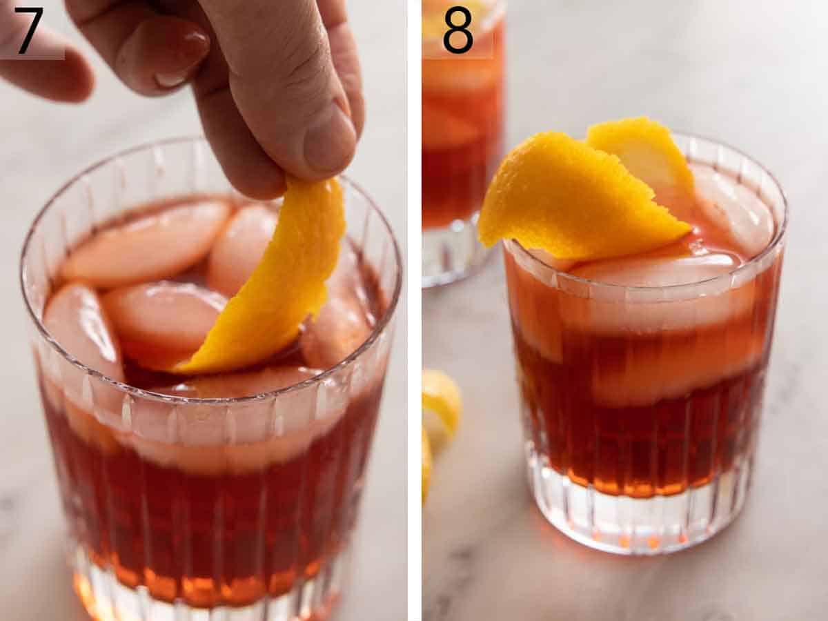 Set of two photos showing garnish added to the drink and a glass of Negroni.