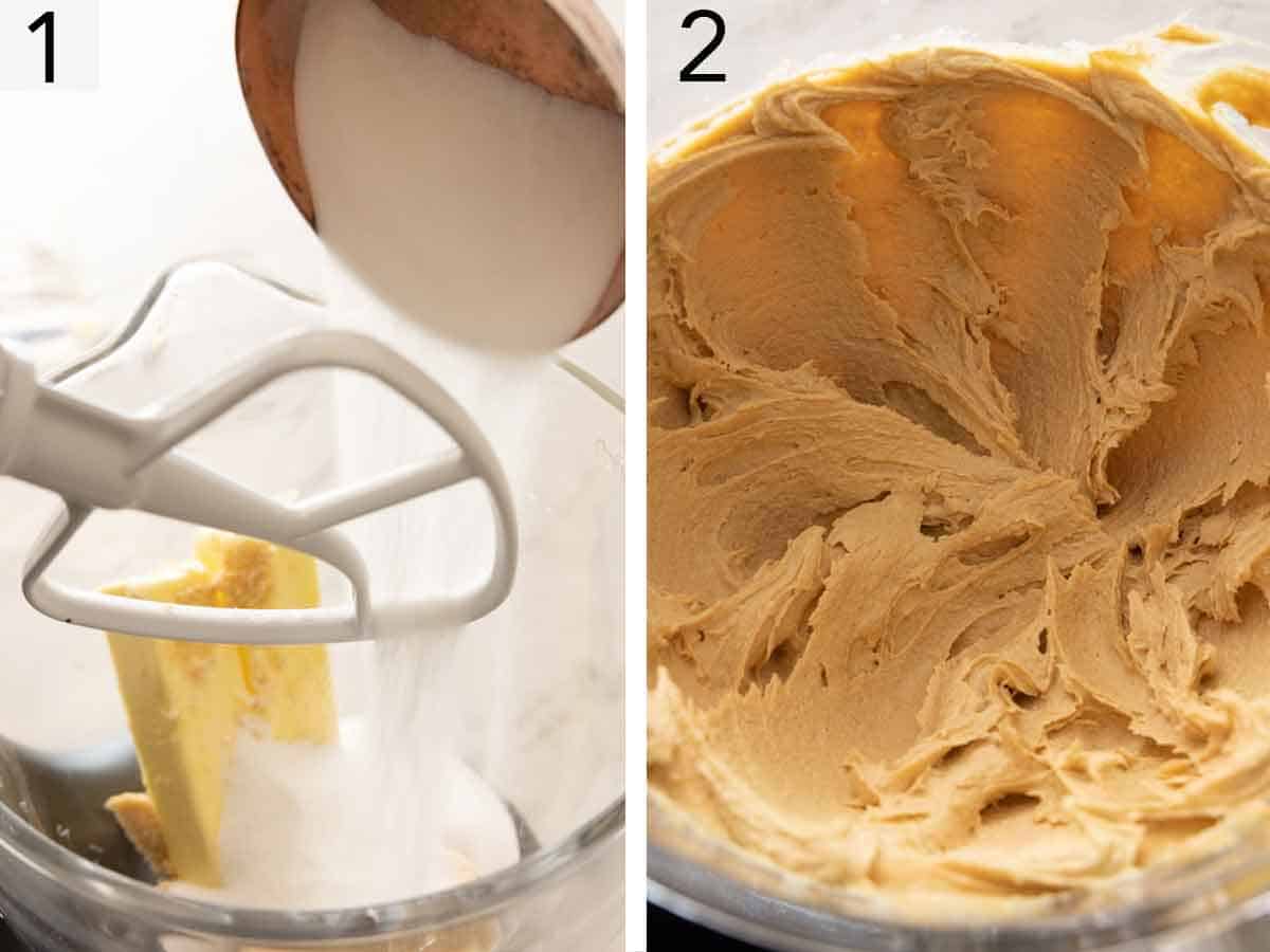 Set of two photos showing butter and sugar being creamed.
