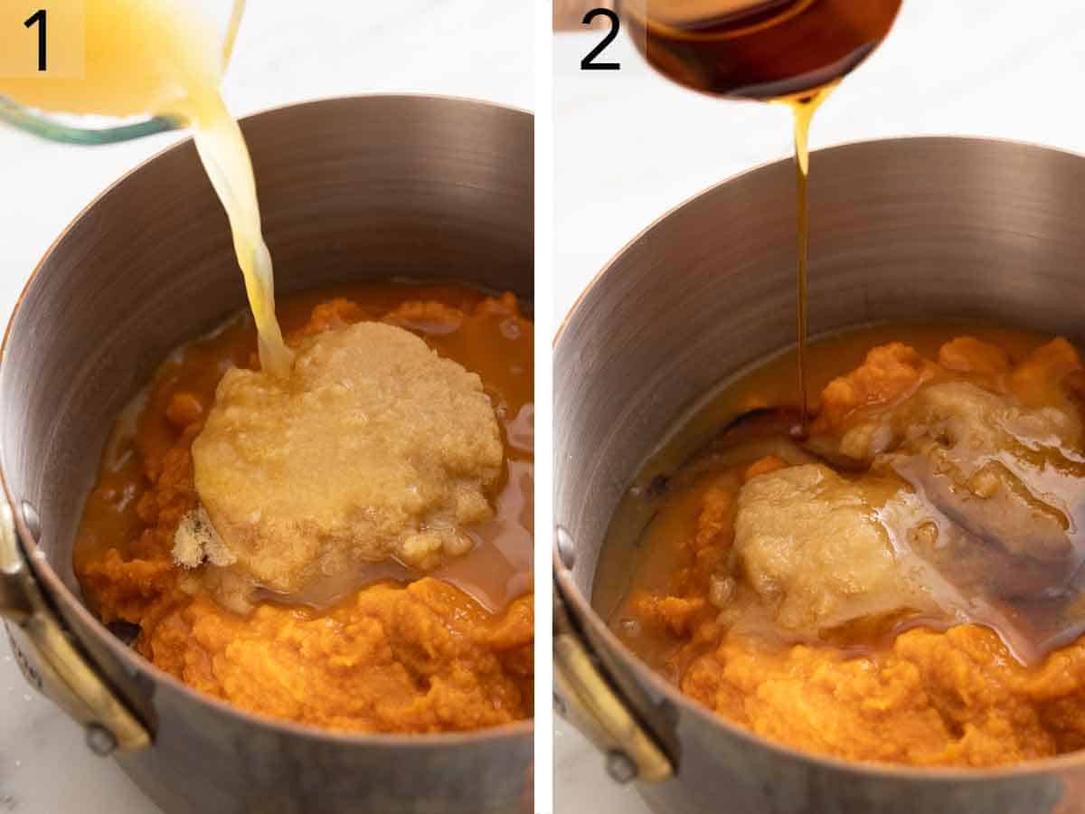 Set of two photos showing cider poured into a pot with puree and brown sugar. Second photo showing maple syrup added.