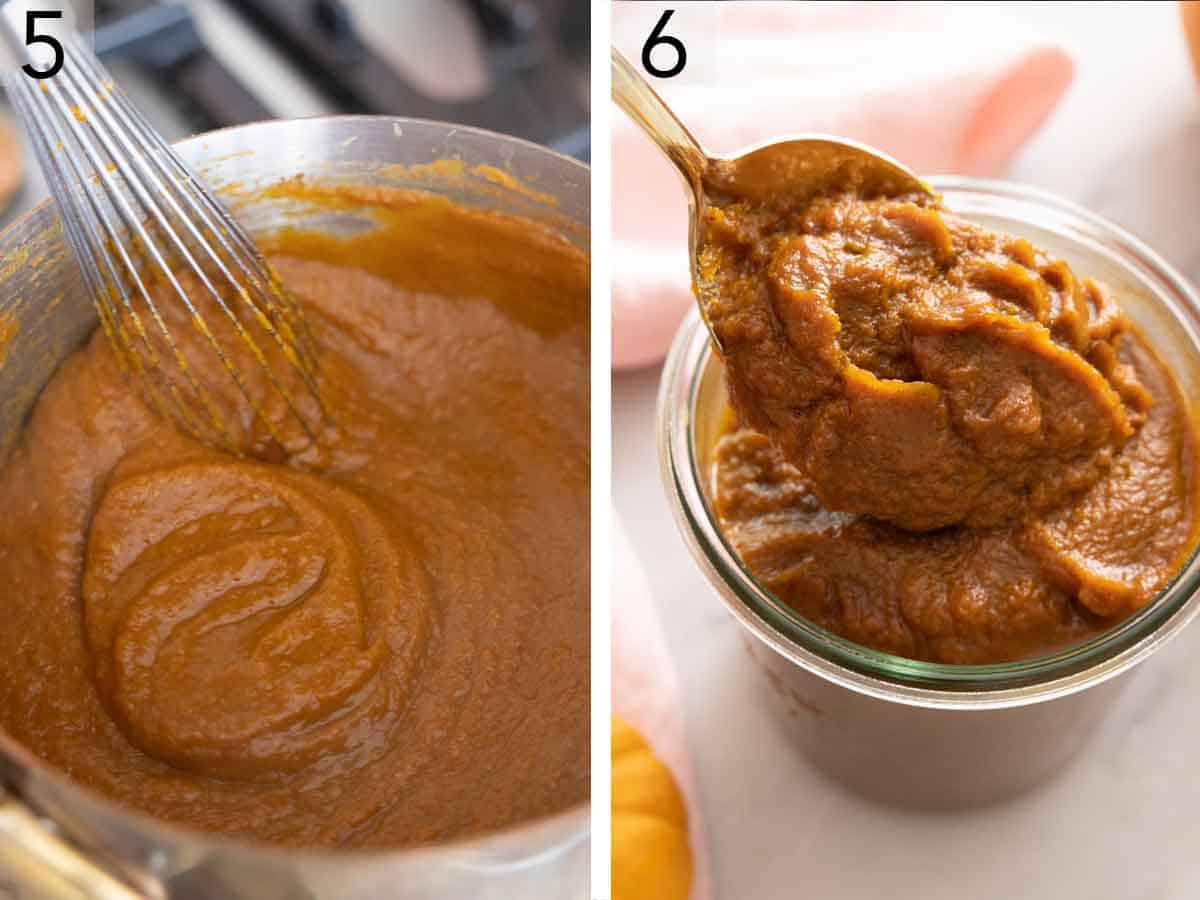 Set of two photos showing pumpkin butter cooked on the stove in a pot then transferred to a weck jar.