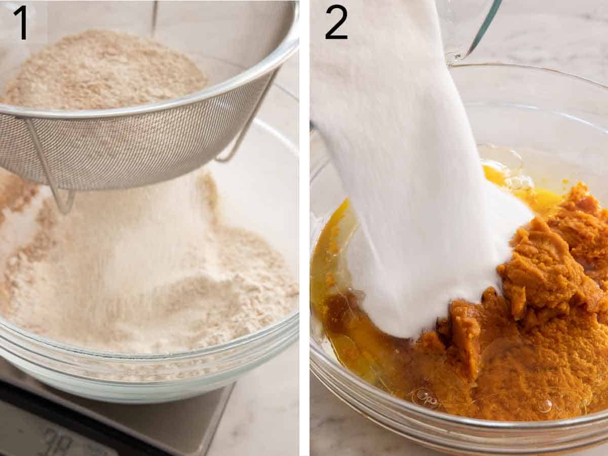 Set of two photos showing dry ingredients sifted and then sugar added to wet ingredients.
