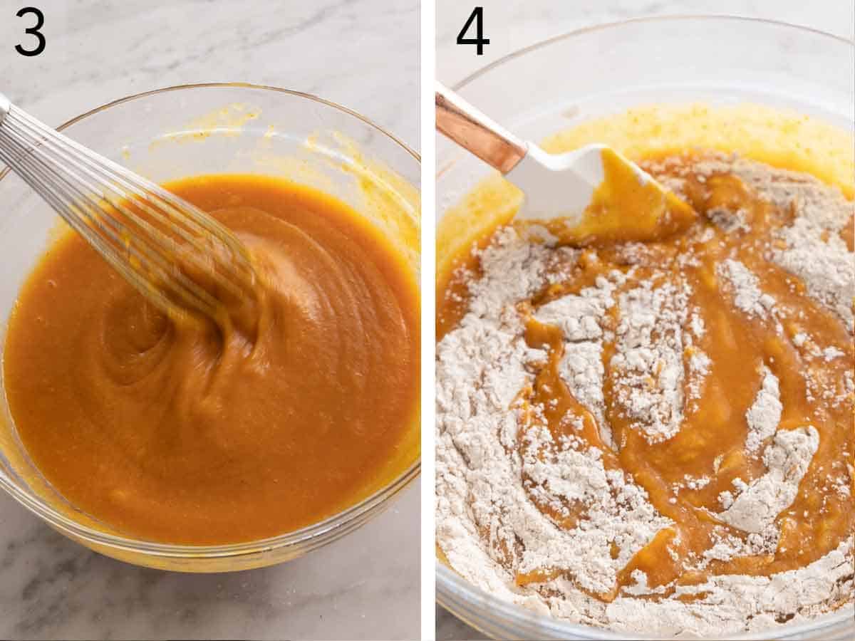 Set of two photos of the wet ingredients whisked before the dry ingredients are added.